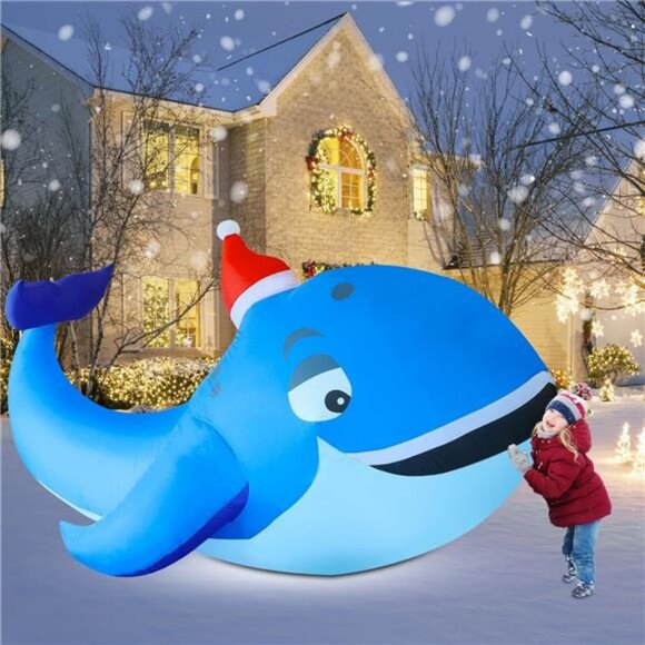 10 FT Christmas Inflatable Decor, Blow Up Whale Inflatables with Santa Hat - Picture 1 of 8